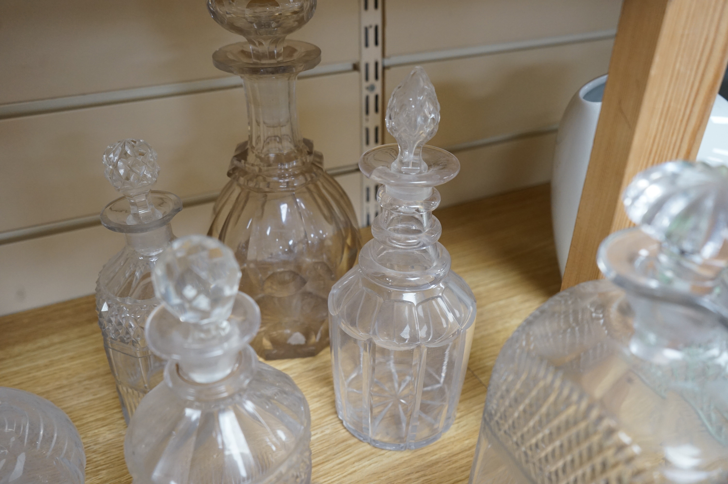 A collection of assorted drinking glassware including sets of decanters and a large etched glass goblet, largest 27cm high